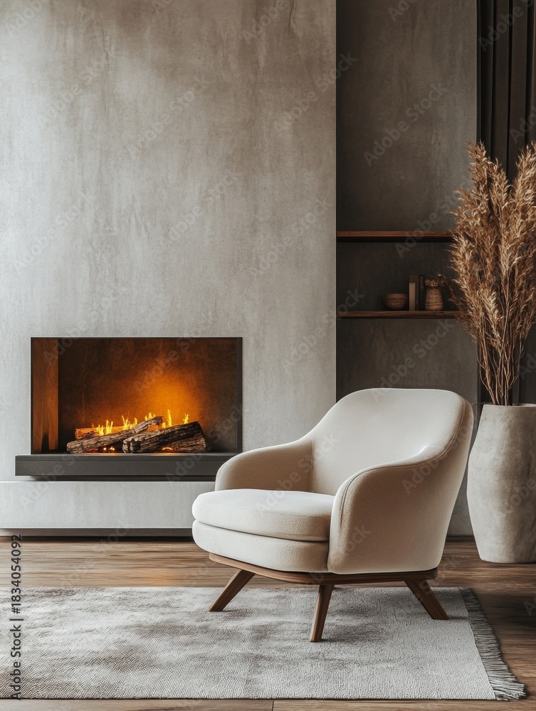 Fototapeta premium A cozy living room setting featuring a contemporary armchair in front of a warm fireplace.