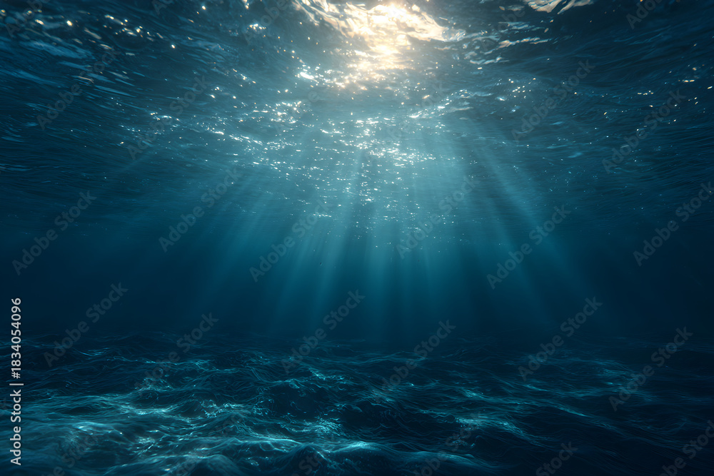 Fototapeta premium Sunlight shining through the ocean water creating beams of light underwater and a wavy ocean floor view