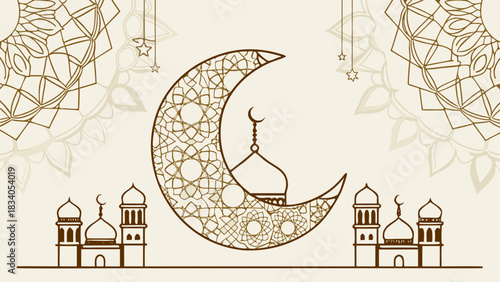 Ornate crescent moon with mosque silhouette design