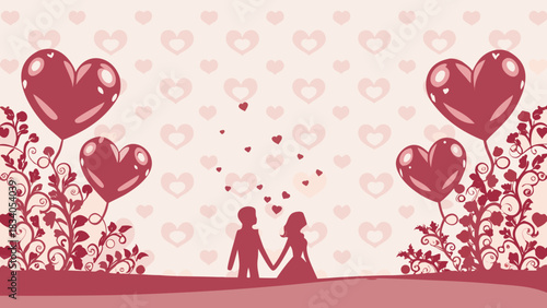 Silhouette couple with heart balloons and background
