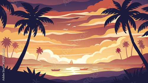 Sunset over the sea with palm trees and boats view