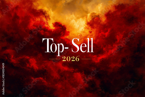 Fiery Clouds with Bold Typography. Fiery red and orange clouds with bold text 'Top-Sell 2026'. Ideal for impactful marketing materials or event promotions.