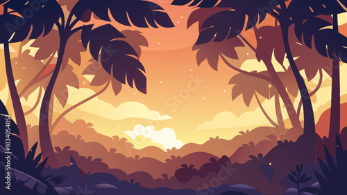 Tropical forest scene with sunset and palm trees