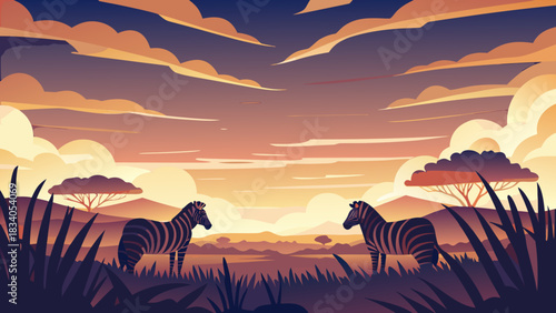 Two zebras standing in a field at sunset view scene