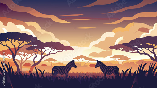 Two zebras standing in the african savanna scene