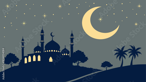 Silhouette of a mosque under the moonlit sky view
