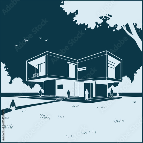 Modern Architectural Home with People in Serene Illustration Style