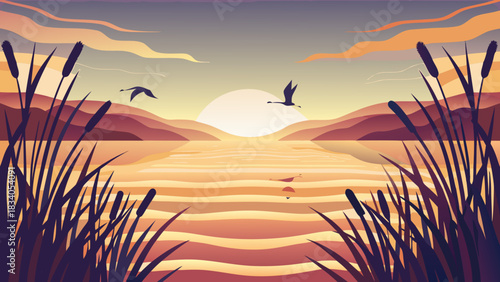 Illustration of sunset over lake with birds and reeds
