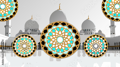 Ornamental circles over a grand mosque illustration