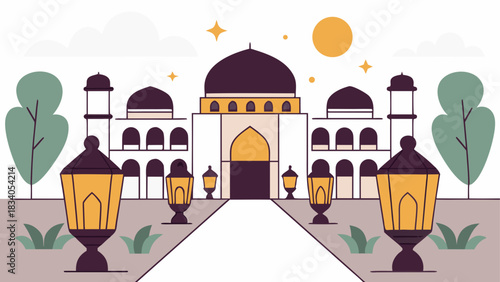 Wallpaper Mural Illustration of a mosque with lamps and trees view Torontodigital.ca