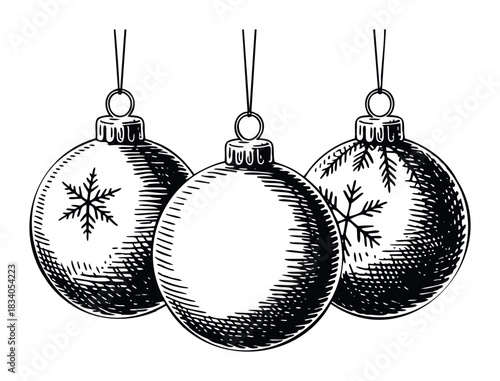 Three hanging sketch style Christmas ornaments with snowflake patterns depicted with black ink hatching for festive holiday decoration and winter season celebrations