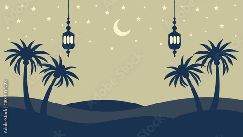 Desert landscape with palm trees moon and lanterns