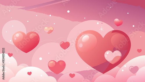 Pink hearts floating among clouds in a soft sky