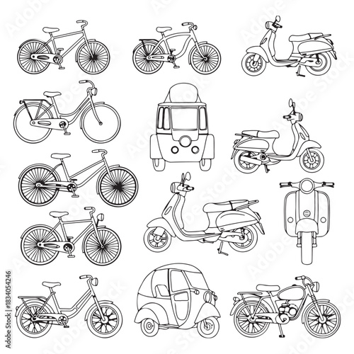 Transportation icons set of bikes scooters and tuktuk
