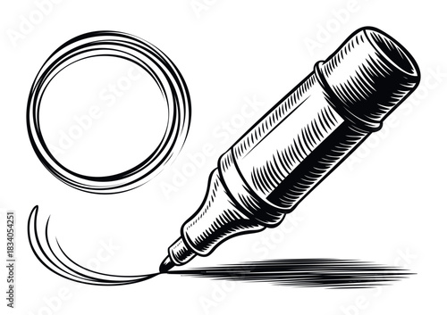 Black and white woodcut style drawing of a marker pen drawing concentric circles and a swirling line, perfect for graphic design and illustrative projects requiring a bold, handdrawn