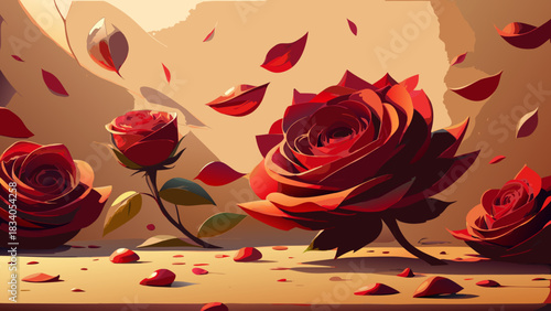 Arrangement of red roses with falling petals art