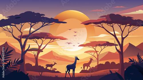 African savanna landscape with giraffe and antelopes