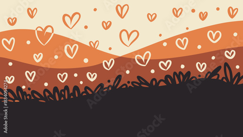 Illustration of hearts over hills with dark plants