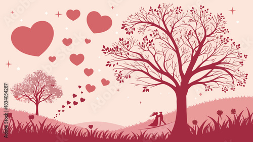 Silhouette couple under a love tree with hearts art