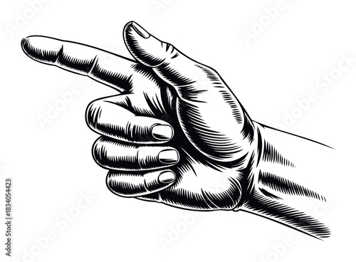 Detailed engraving style human hand with index finger pointing forward for direction, guidance, or indication, perfect for pointing out important information in various projects.