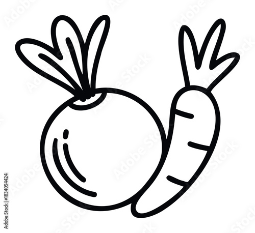 Black and white outline drawing of a round vegetable and a carrot, perfect for foodrelated websites, healthy eating blogs, or childrens cooking content.