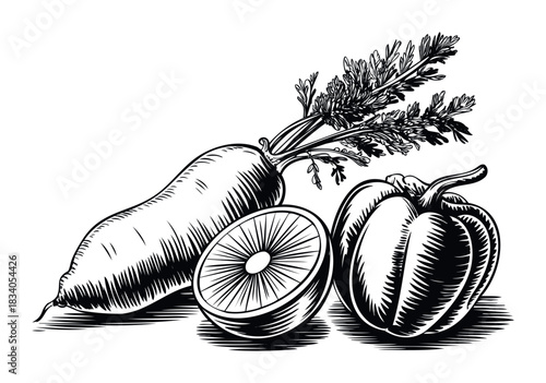 Fresh Black and White Linocut Style Vegetable Composition Featuring Carrot, Bell Pepper, and Citrus Slice Perfect for Food Marketing and Healthy Eating Concepts