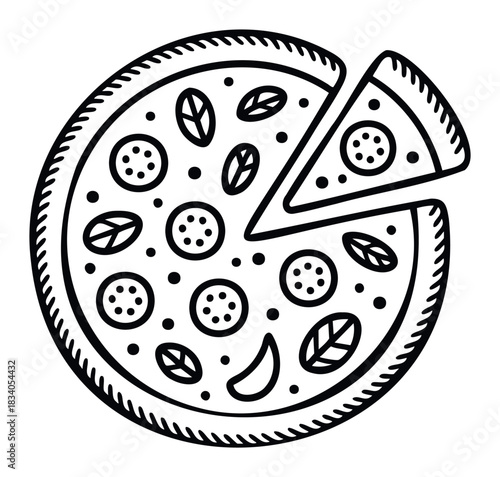 Hand drawn line art pizza with a slice removed and toppings, perfect for food related websites, menus and culinary graphics.