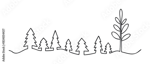 Simple continuous line drawing of pine trees and a tall plant forming a forest silhouette, perfect for nature related themes and environmental graphics.