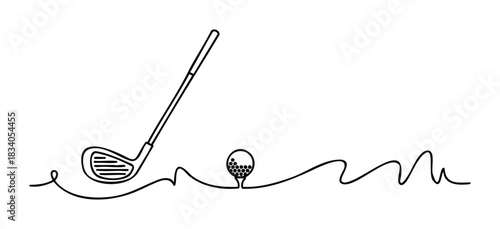 Minimalist one line drawing of a golf club and ball on a tee, perfect for sports websites, game promotions, or sports equipment advertising.