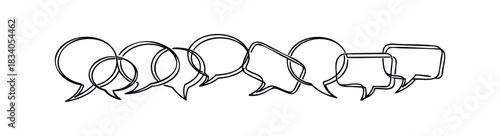 Collage of assorted hand drawn black speech bubble shapes overlapping to convey communication and conversation, suitable for web and print media.