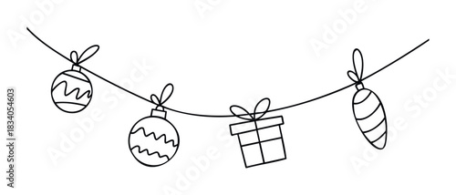 Simple black line drawings of Christmas ornaments and a gift box hang from a string, perfect for festive holiday greetings and seasonal celebrations.
