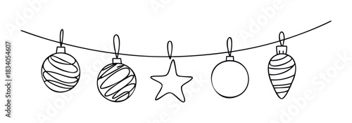 Minimalist line drawing of five hanging Christmas ornaments and a star on a wire string, ideal for festive greetings and holiday decor projects.