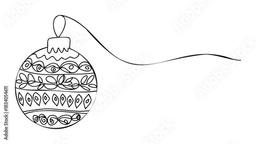 Black and white sketch of a festive Christmas ornament hanging with a flowing ribbon, perfect for holiday decorations and seasonal celebrations.