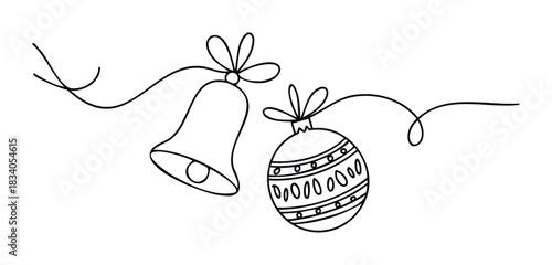Outline drawing of a bell and ornament hanging on a celebratory string, perfect for holiday greetings, winter decorations, and festive season promotions.