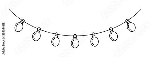 A simple black and white line drawing of a string of seven light bulbs suspended on a curved wire, perfect for festive celebrations, party decor, or holiday greetings.