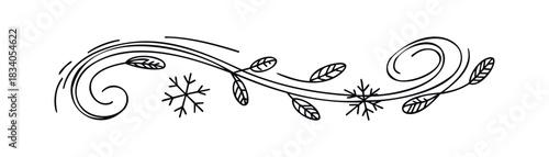 Ornate flourish with swirling lines snowflakes and leaves for winter celebration or seasonal decoration projects