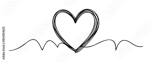 Simple black scribble heart with continuous line drawing of cardiogram wave suitable for health or love related media projects.