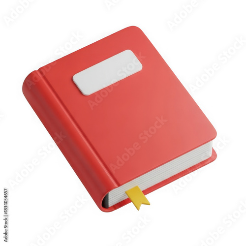 Red book with a white label and yellow bookmark, a classic symbol of education and knowledge, isolated on transparent background