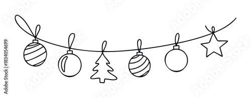 Festive garland with Christmas ornaments and star hanging on a curved string for seasonal holiday celebration decor and winter event decoration