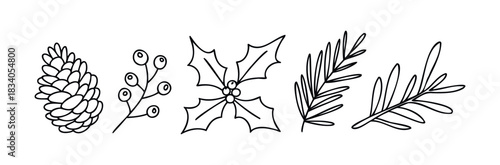 Minimalist black line drawings of pine cone, holly berries, and evergreen sprigs for festive holiday decorations and winter seasonal themes