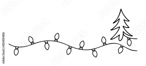 Festive string of Christmas lights with bulbs and a decorated fir tree symbol for holiday celebration and seasonal decoration purposes