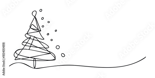 Minimalist line art of a Christmas tree with falling snow, perfect for holiday greeting cards, winter decorations, and seasonal promotions.