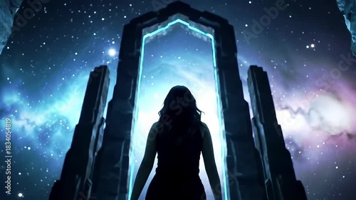Woman silhouette walking into a vibrant, glowing portal to another universe full of stars and nebulas for fantasy or sci-fi concept