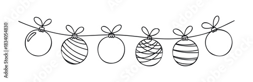 Whimsical hand drawn garland of decorative round ornaments with bows strung on a wire for festive holiday celebrations and seasonal decor projects