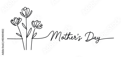 Elegant minimalist line art flowers and script text celebrating Mothers Day for greeting cards and spring themes.
