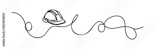 Single line drawing of a construction hard hat with flowing abstract lines symbolizing ideas and concepts for industry professionals and safety awareness campaigns.