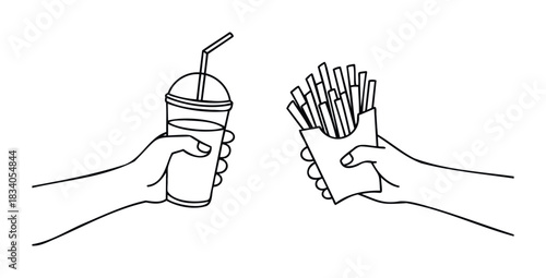 Human hands holding a drink and french fries, perfect for food delivery apps, fast food promotions, and snack break themes.