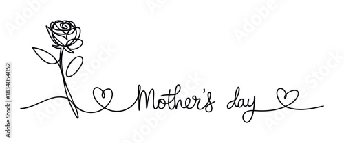 Minimalist continuous line drawing of a rose and hearts with Mothers Day text celebrating maternal love and appreciation, perfect for greeting cards and gift tags.