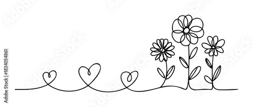 Minimalist continuous line drawing of hearts transforming into blooming flowers, perfect for spring themes, love, or gardenrelated concepts.