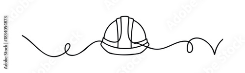 Minimalist outline drawing of a hard hat intersected by a wavy line, ideal for construction themes, safety campaigns, or industry messaging.